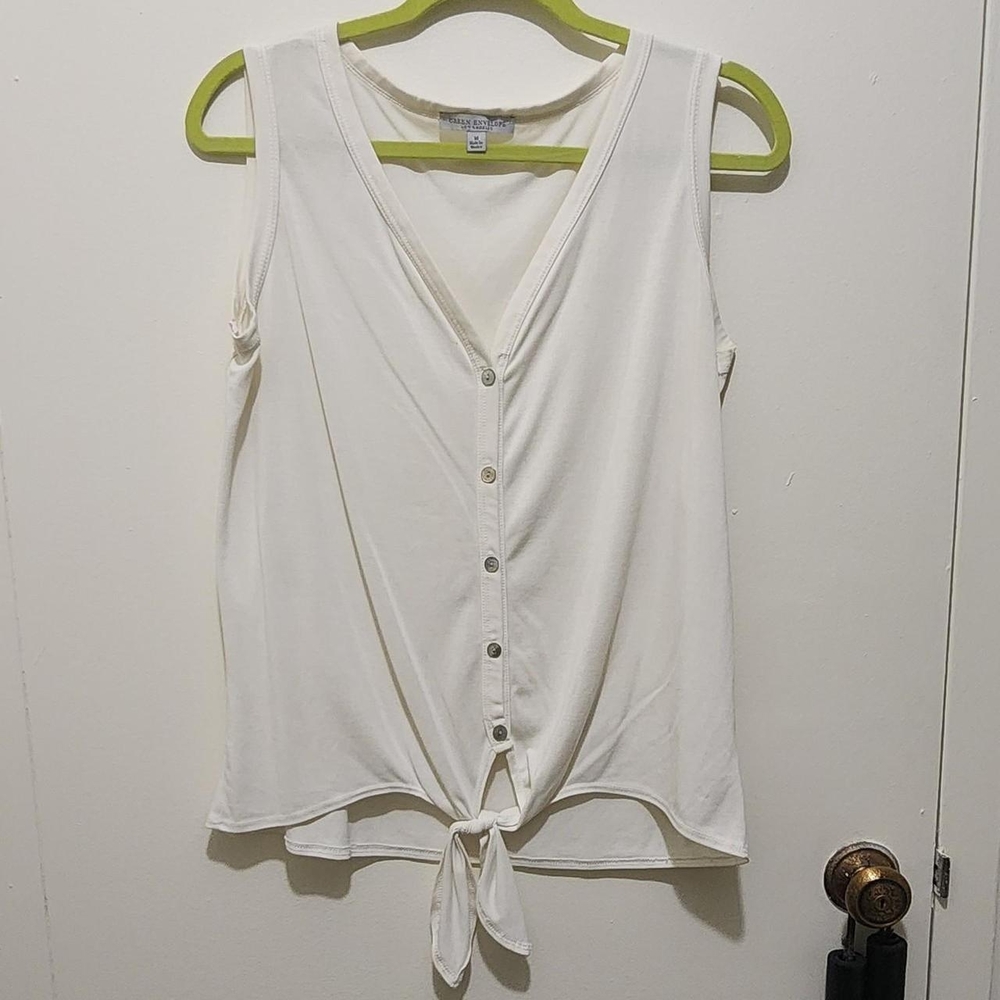 Green Envelope White Buttoned Tie Front Tank Top